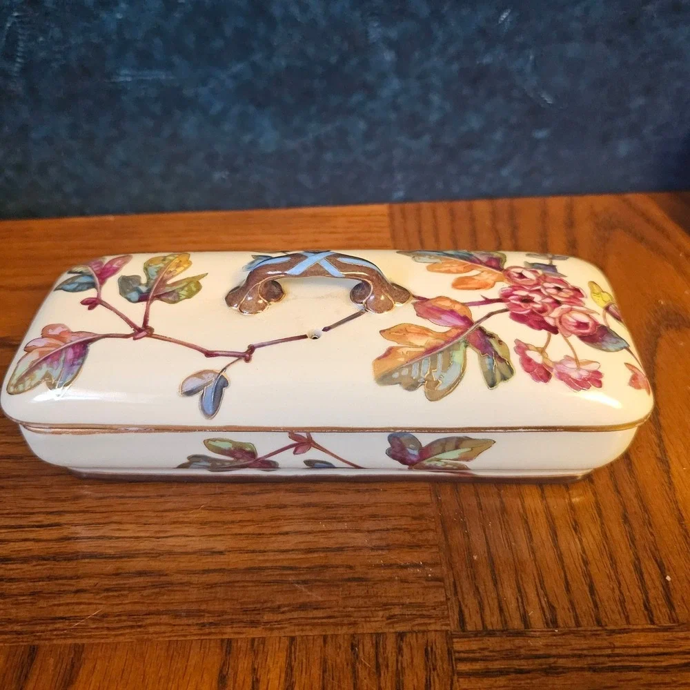 Floral Ceramic Vanity Set Trinket Box and Soap Dish Gold Trim Botanical Decor